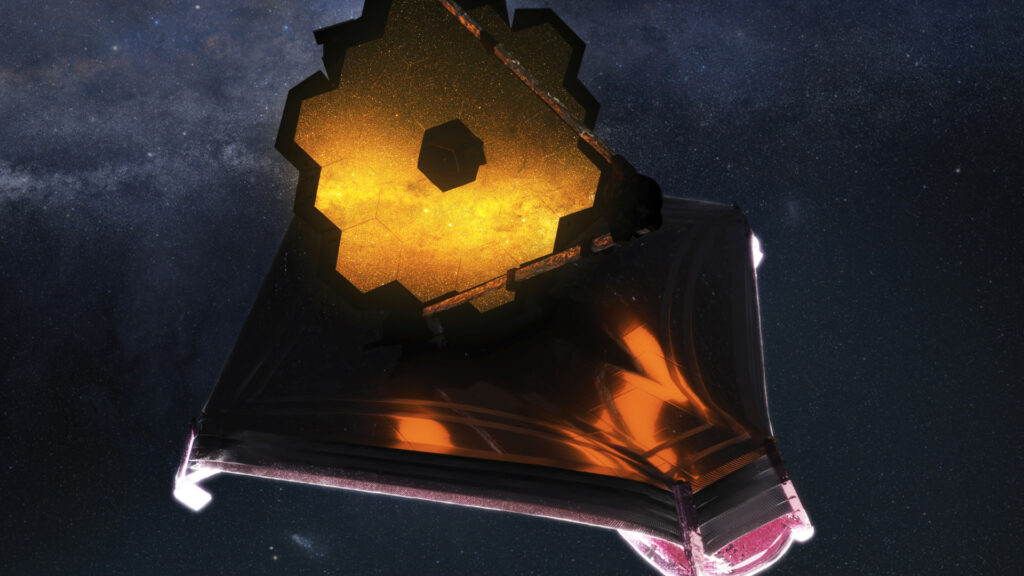 Vue d'artiste du JWST. // Source : Flickr/CC/Adriana Manrique Gutierrez, NASA Animator (image recadrée) Vue d'artiste du JWST. // Source : Flickr/CC/Adriana Manrique Gutierrez, NASA Animator (image recadrée)