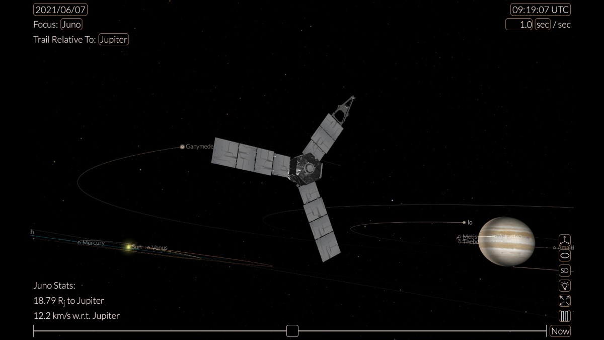 Position de Juno dans le système solaire le 7 juin 2021 à 11h20. // Source : Capture d'écran Nasa Position de Juno dans le système solaire le 7 juin 2021 à 11h20. // Source : Capture d'écran Nasa
