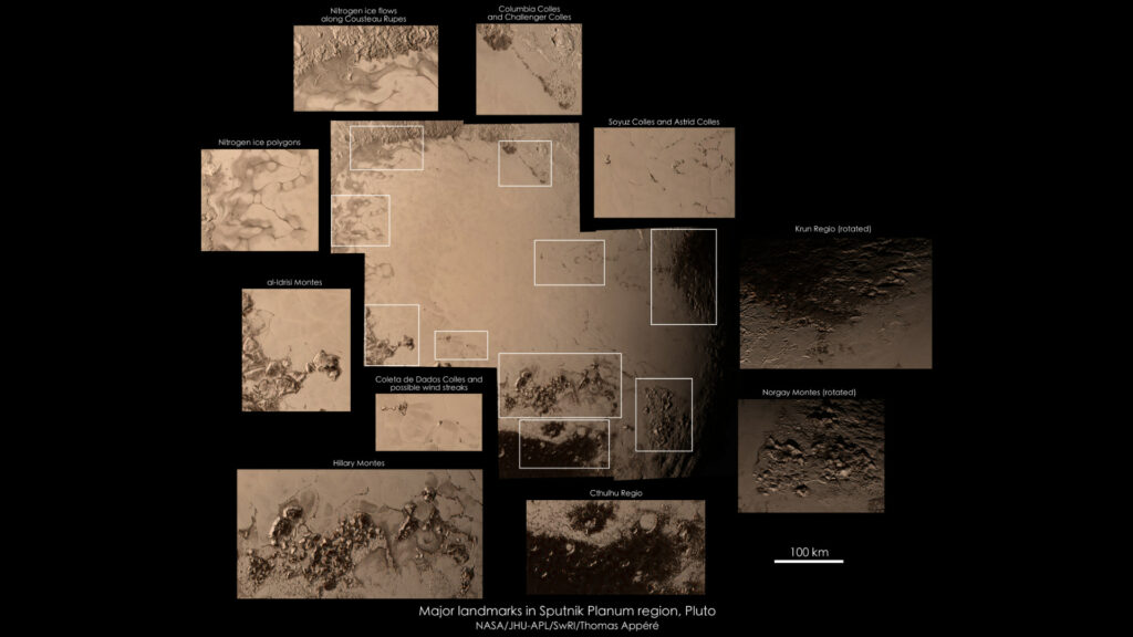 Sites d'intérêt sur Pluton, vus par New Horizons, dont la région Cthulthu. // Source : Flickr/CC/NASA/JHU-APL/SwRI/Thomas Appéré Sites d'intérêt sur Pluton, vus par New Horizons, dont la région Cthulthu. // Source : Flickr/CC/NASA/JHU-APL/SwRI/Thomas Appéré