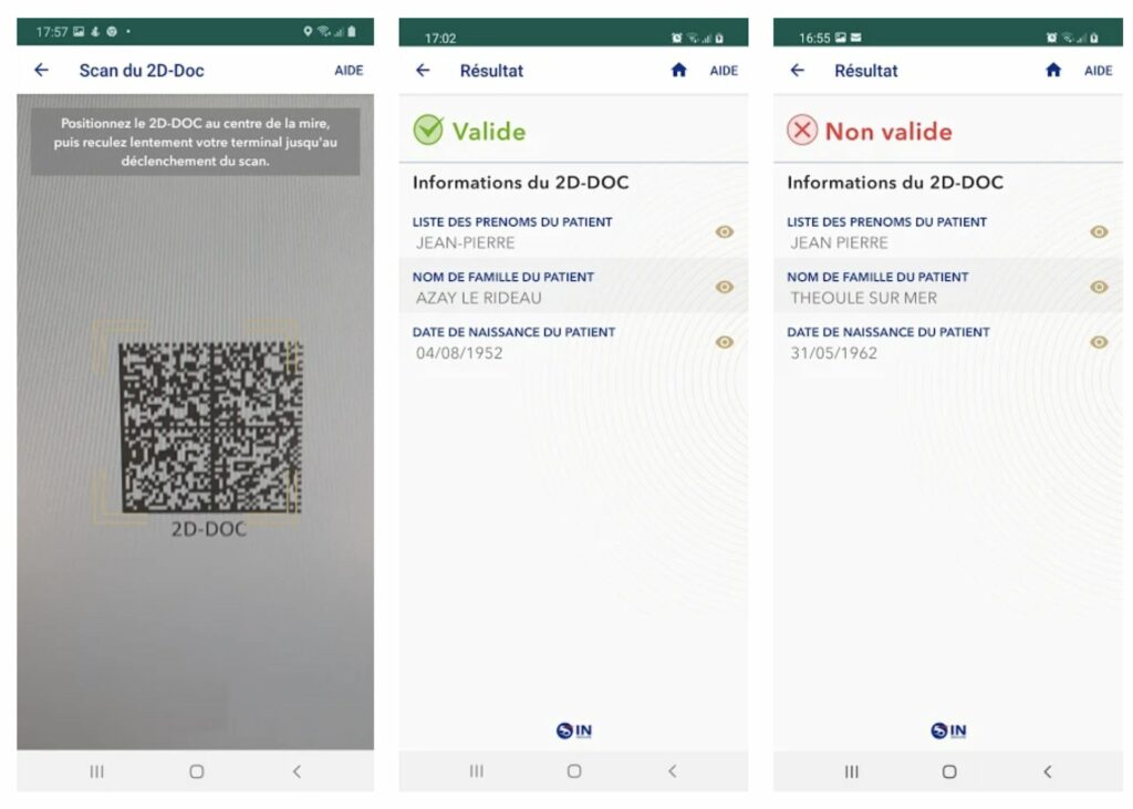 Capture de TousAntiCovid Vérif dans le Google Play Store, où l'on voit ce que sont censés voir ceux qui scannent le code Capture de TousAntiCovid Vérif dans le Google Play Store, où l'on voit ce que sont censés voir ceux qui scannent le code