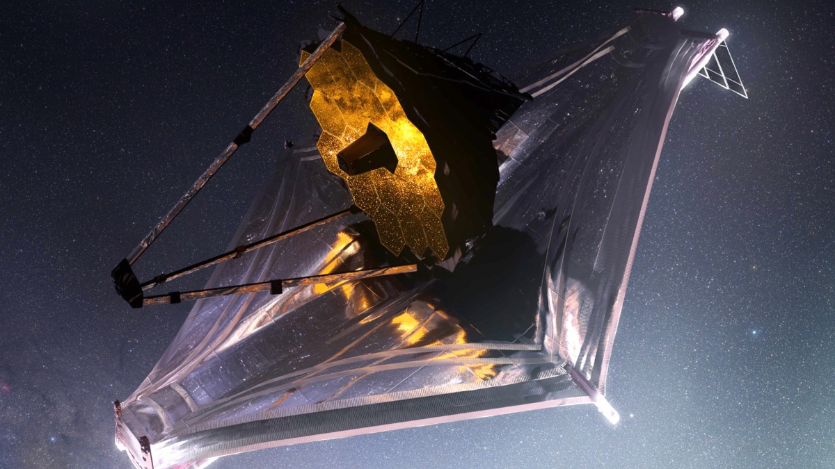 Vue d'artiste du JWST. // Source : Flickr/CC/Adriana Manrique Gutierrez, NASA Animator (photo recadrée et inclinée) Vue d'artiste du JWST. // Source : Flickr/CC/Adriana Manrique Gutierrez, NASA Animator (photo recadrée et inclinée)
