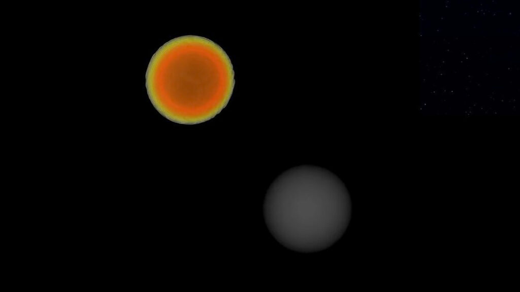 Représentation de GW200115. // Source : T. Dietrich (Potsdam University and Max Planck Institute for Gravitational Physics), N. Fischer, S. Ossokine, H. Pfeiffer (Max Planck Institute for Gravitational Physics) Représentation de GW200115. // Source : T. Dietrich (Potsdam University and Max Planck Institute for Gravitational Physics), N. Fischer, S. Ossokine, H. Pfeiffer (Max Planck Institute for Gravitational Physics)