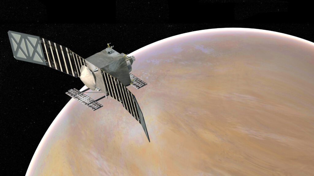 Vue d'artiste de la mission VERITAS. // Source : Wikimedia/CC/NASA/JPL-Caltech (image recadrée) Vue d'artiste de la mission VERITAS. // Source : Wikimedia/CC/NASA/JPL-Caltech (image recadrée)
