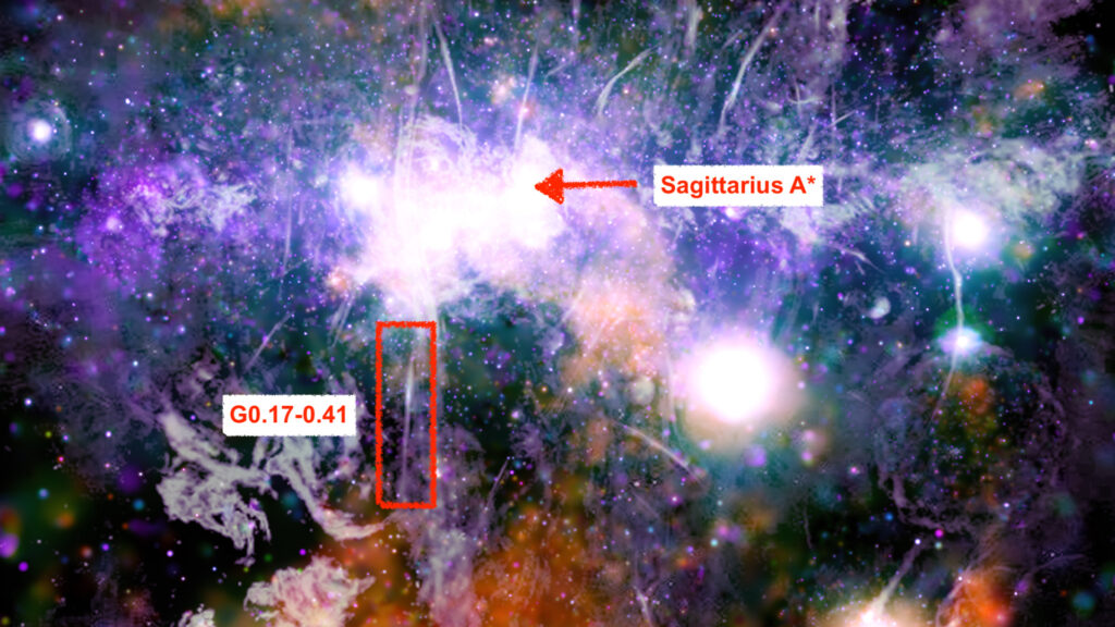 Le centre de la Voie lactée observé par Chandra. // Source : X-ray: NASA/CXC/UMass/Q.D. Wang; Radio: NRF/SARAO/MeerKAT, annotations Numerama Le centre de la Voie lactée observé par Chandra. // Source : X-ray: NASA/CXC/UMass/Q.D. Wang; Radio: NRF/SARAO/MeerKAT, annotations Numerama
