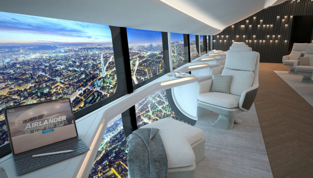 Vue d'artiste de la cabine du dirigeable Airlander 10. // Source : Hybrid Air Vehicles Vue d'artiste de la cabine du dirigeable Airlander 10. // Source : Hybrid Air Vehicles