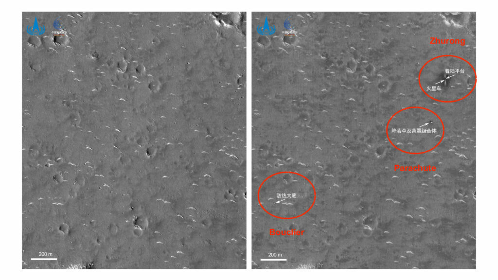 Site d'atterrissage de Zhurong, vu depuis l'orbite de Mars. // Source : CNSA (image annotée) Site d'atterrissage de Zhurong, vu depuis l'orbite de Mars. // Source : CNSA (image annotée)