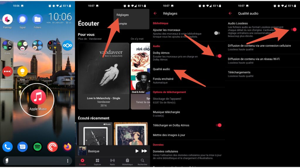 La manipulation à effectuer pour profiter du Dolby Atmos et de l'audio lossless sur Android // Source : Capture d'écran