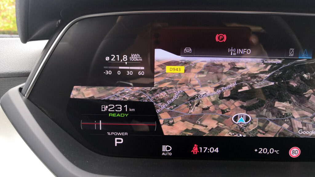 Conso e-tron GT quattro après 263 km // Source : Raphaelle Baut pour Numerama Conso e-tron GT quattro après 263 km // Source : Raphaelle Baut pour Numerama