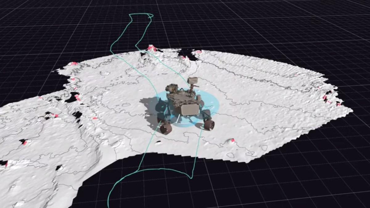Simulation informatique de Perseverance effectuant son premier essai de navigation avec AutoNav. // Source : Capture d'écran Youtube JPLraw Simulation informatique de Perseverance effectuant son premier essai de navigation avec AutoNav. // Source : Capture d'écran Youtube JPLraw