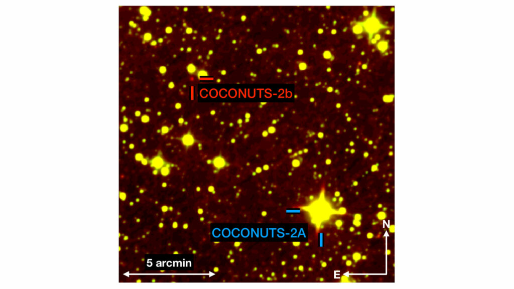 COCONUTS-2b et l'étoile COCONUTS-2A. // Source : arXiv, Zhang, Liu, Claytor, Best, Dupuy, Siverd COCONUTS-2b et l'étoile COCONUTS-2A. // Source : arXiv, Zhang, Liu, Claytor, Best, Dupuy, Siverd