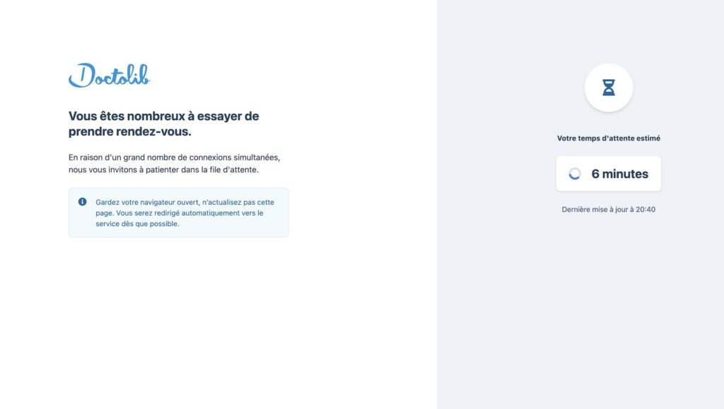 Capture d'écran du site de Doctolib surchargé le 12 juillet 2021 // Source : Doctolib