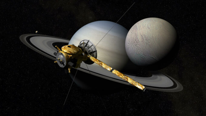 Cassini-Huygens survolant Encelade, vue d'artiste. // Source : Flickr/CC/Kevin Gill Cassini-Huygens survolant Encelade, vue d'artiste. // Source : Flickr/CC/Kevin Gill
