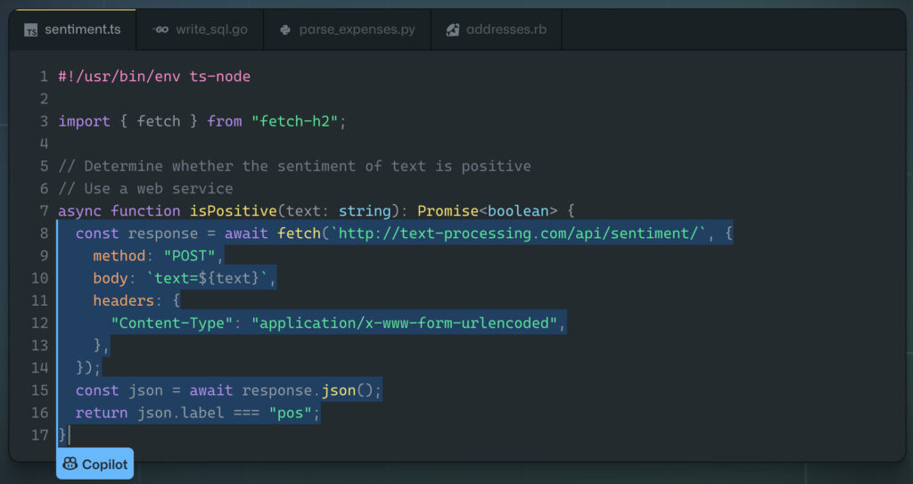 Un exemple de suggestion de Copilot // Source : Github / OpenAI Un exemple de suggestion de Copilot // Source : Github / OpenAI
