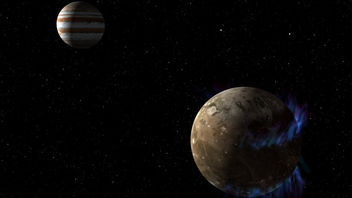 Vue d'artiste de Ganymède et de Jupiter. // Source : NASA, ESA, and G. Bacon (STScI) (image recadrée) Vue d'artiste de Ganymède et de Jupiter. // Source : NASA, ESA, and G. Bacon (STScI) (image recadrée)