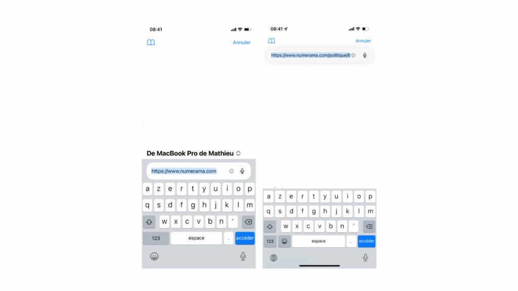 À gauche, le nouveau comportement de Safari sur iOS 15. À droite, le comportement des premières bêtas // Source : Captures d'écran Numerama À gauche, le nouveau comportement de Safari sur iOS 15. À droite, le comportement des premières bêtas // Source : Captures d'écran Numerama