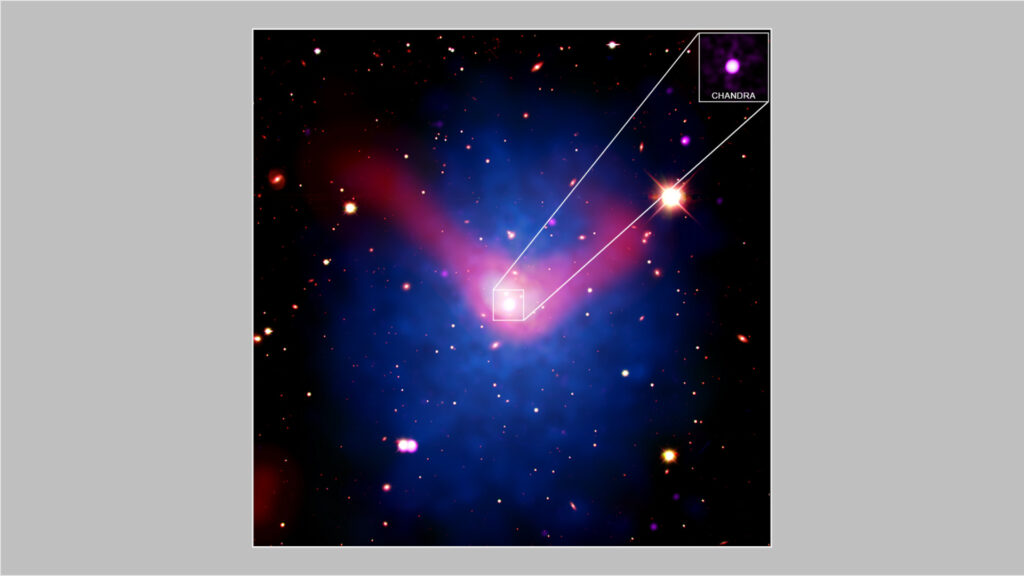 Le diamètre de l'image est estimé représenter 17 millions d'années-lumière. // Source : X-ray: (Chandra: NASA/CXC/Univ. Bonn/A. Veronica et al; XMM-Newton: ESA/XMM-Newton); Optical: DES/DOE/FNAL/DECam/CTIO/NOIRLab/NSF/AURA; Radio: CSIRO/ASKAP/EMU Le diamètre de l'image est estimé représenter 17 millions d'années-lumière. // Source : X-ray: (Chandra: NASA/CXC/Univ. Bonn/A. Veronica et al; XMM-Newton: ESA/XMM-Newton); Optical: DES/DOE/FNAL/DECam/CTIO/NOIRLab/NSF/AURA; Radio: CSIRO/ASKAP/EMU