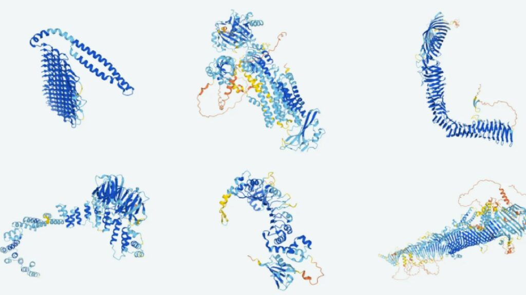 Les protéines peuvent prendre plein de formes différentes en fonction de leurs pliages. Les petites bouclettes colorées sont des acides aminés sur cette image. // Source : DeepMind Les protéines peuvent prendre plein de formes différentes en fonction de leurs pliages. Les petites bouclettes colorées sont des acides aminés sur cette image. // Source : DeepMind