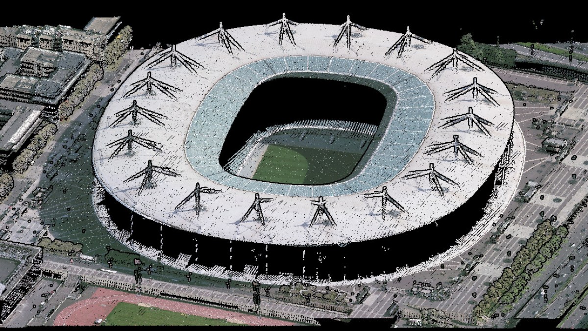 Le résultat d'un relevé LiDAR (avec colorisation) sur le stade de France // Source : IGN Le résultat d'un relevé LiDAR (avec colorisation) sur le stade de France // Source : IGN