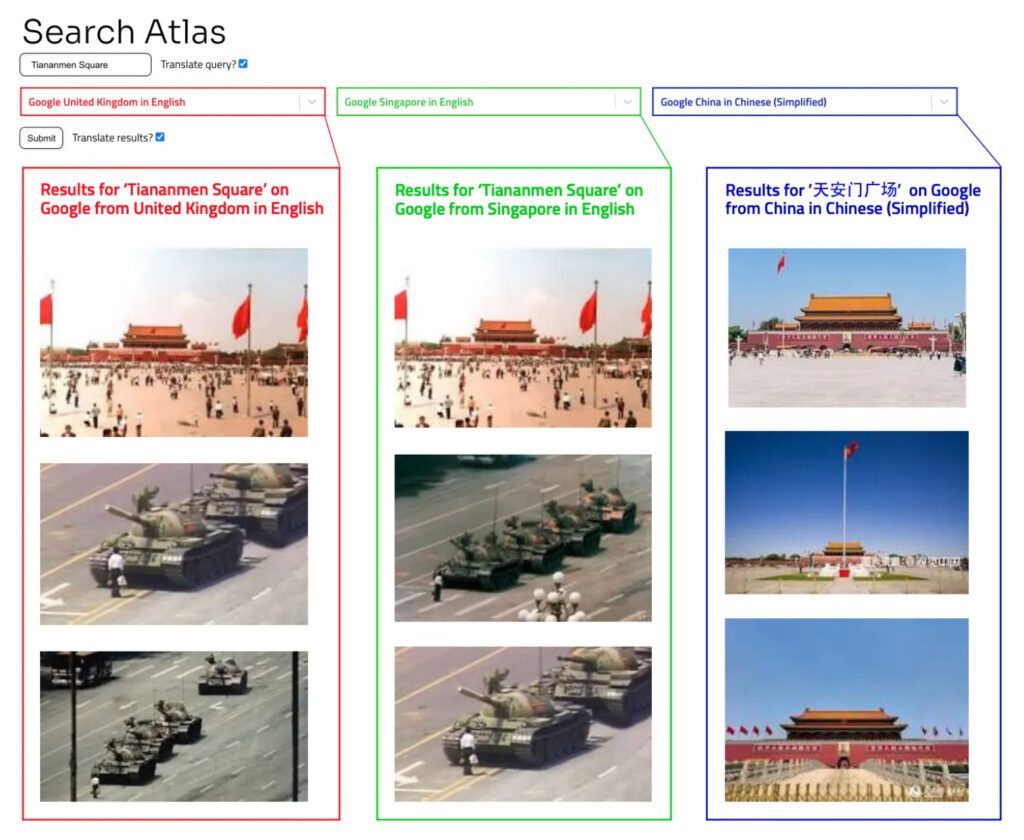 Une recherche pour « place Tian'anmen » sur Search Atlas // Source : Search Atlas Une recherche pour « place Tian'anmen » sur Search Atlas // Source : Search Atlas