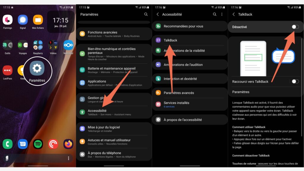 La marche à suivre pour activer VoiceOver sur un téléphone Android // Source : Capture d'écran La marche à suivre pour activer VoiceOver sur un téléphone Android // Source : Capture d'écran