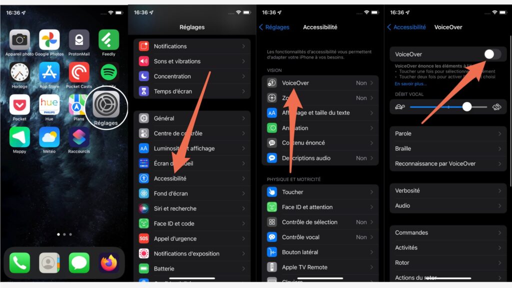 La marche à suivre pour activer VoiceOver sur iPhone // Source : Capture d'écran La marche à suivre pour activer VoiceOver sur iPhone // Source : Capture d'écran