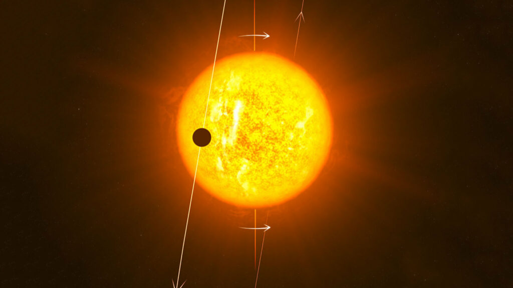 Vue d'artiste de WASP-79b, qui a une orbite polaire autour de son étoile. // Source : ESO/BAddison (image recadrée)