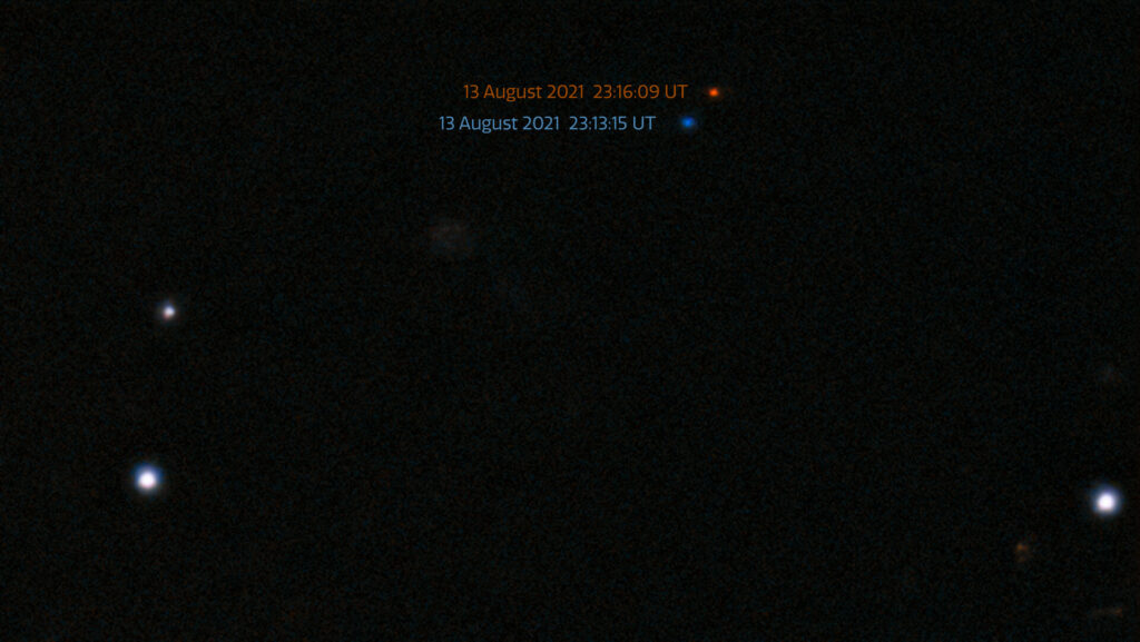 L'astéroïde imagé dans la nuit du 13 août 2021. Les couleurs rouge et bleu montrent sa position à 3 minutes de décalage. // Source : CTIO/NOIRLab/NSF/DOE/DECam/AURA/S.S. Sheppard (Carnegie Institution of Science) L'astéroïde imagé dans la nuit du 13 août 2021. Les couleurs rouge et bleu montrent sa position à 3 minutes de décalage. // Source : CTIO/NOIRLab/NSF/DOE/DECam/AURA/S.S. Sheppard (Carnegie Institution of Science)