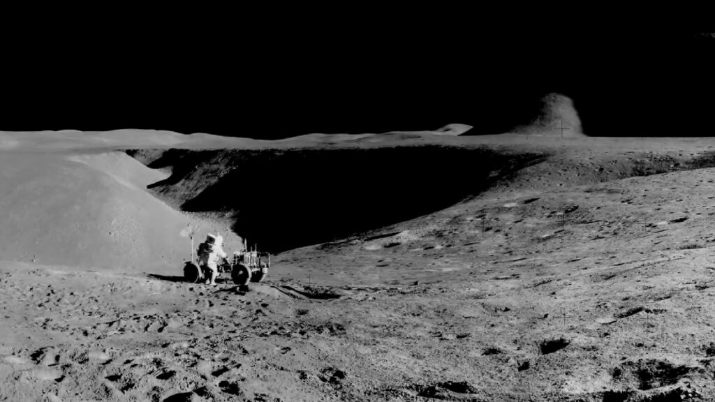 Image remasterisée de la mission Apollo 15, avec l'un des astronautes et le rover. // Source : NASA / JSC / ASU / ANDY SAUNDERS Image remasterisée de la mission Apollo 15, avec l'un des astronautes et le rover. // Source : NASA / JSC / ASU / ANDY SAUNDERS