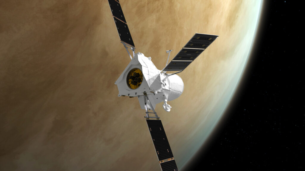 Vue d'artiste de BepiColombo survolant Vénus. // Source : ESA/ATG medialab Vue d'artiste de BepiColombo survolant Vénus. // Source : ESA/ATG medialab