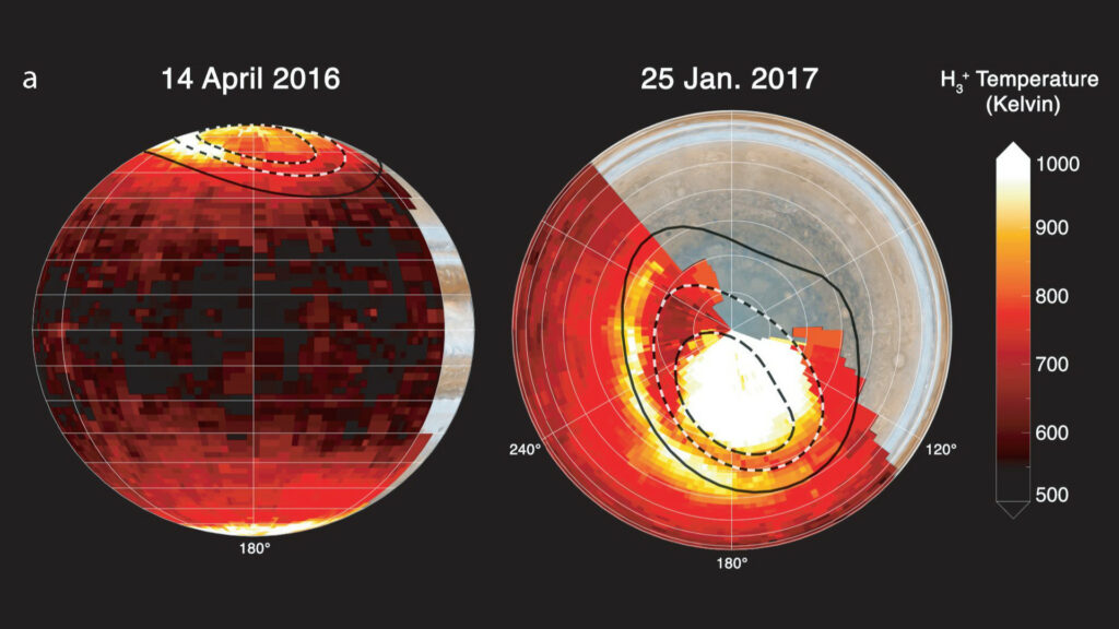 Cartes détaillées des températures de la haute atmosphère de Jupiter. // Source : Via Twitter @physicsJ Cartes détaillées des températures de la haute atmosphère de Jupiter. // Source : Via Twitter @physicsJ