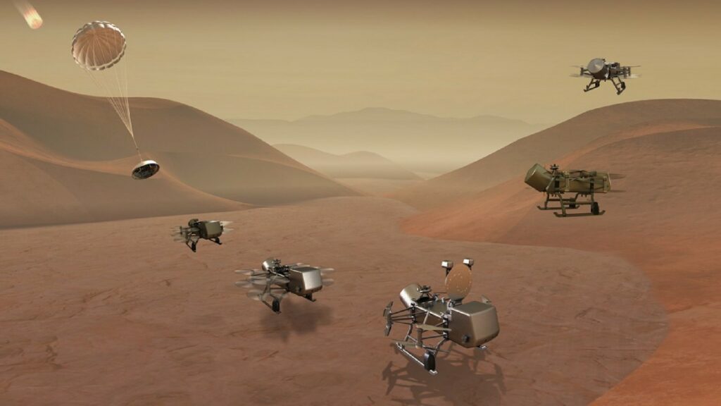 La sonde Dragonfly pourra voler sur Titan. // Source : John Hopkings/Nasa/APL La sonde Dragonfly pourra voler sur Titan. // Source : John Hopkings/Nasa/APL