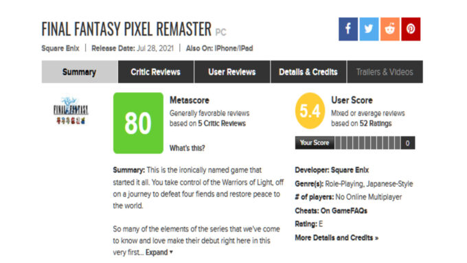 Critiques de Final Fantasy I sur Metacritic. Capture d'écran Critiques de Final Fantasy I sur Metacritic. Capture d'écran
