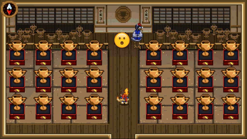 Votre personnage se trouve face à une lignée de trophées que vous avez gagné pendant le jeu. Votre personnage se trouve face à une lignée de trophées que vous avez gagné pendant le jeu.