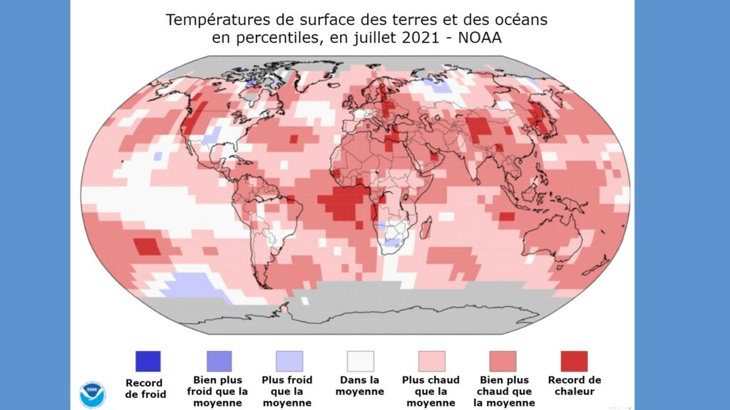 Échelle des températures en juillet 2021, du plus froid (bleu) au plus chaud (rouge). // Source : NOAA / traduction Numerama Échelle des températures en juillet 2021, du plus froid (bleu) au plus chaud (rouge). // Source : NOAA / traduction Numerama