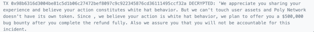 Le message de Poly Network au hacker // Source : Capture d'écran Le message de Poly Network au hacker // Source : Capture d'écran