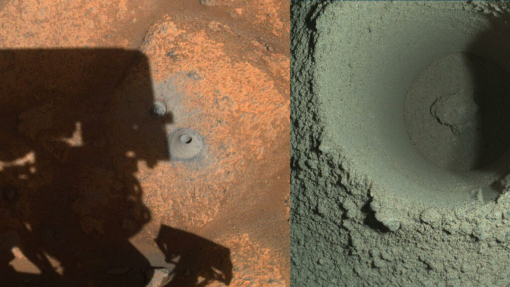 Le premier forage de Perseverance a échoué car la roche martienne à cet endroit était trop poudreuse. // Source : NASA/JPL-Caltech/MSSS Le premier forage de Perseverance a échoué car la roche martienne à cet endroit était trop poudreuse. // Source : NASA/JPL-Caltech/MSSS