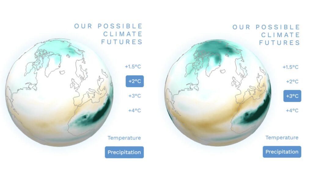 Scénarios des précipitations à +2 degrés et à +3 degrés. La différence est nette au niveau de l'Arctique, mais aussi dans d'autres régions du monde. // Source : GIEC Scénarios des précipitations à +2 degrés et à +3 degrés. La différence est nette au niveau de l'Arctique, mais aussi dans d'autres régions du monde. // Source : GIEC