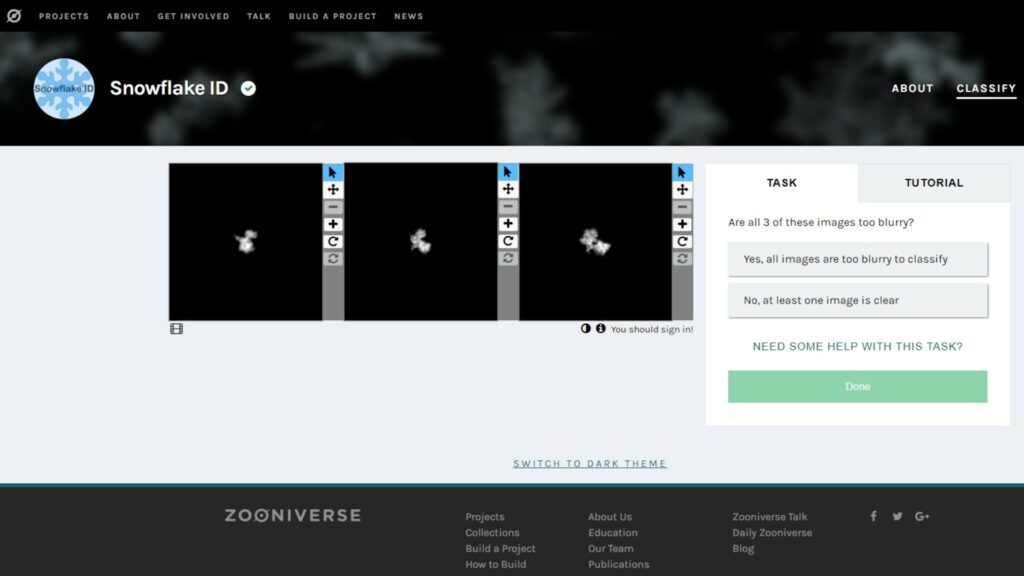 Voici l'interface pour classer les flocons. // Source : Zooniverse Voici l'interface pour classer les flocons. // Source : Zooniverse
