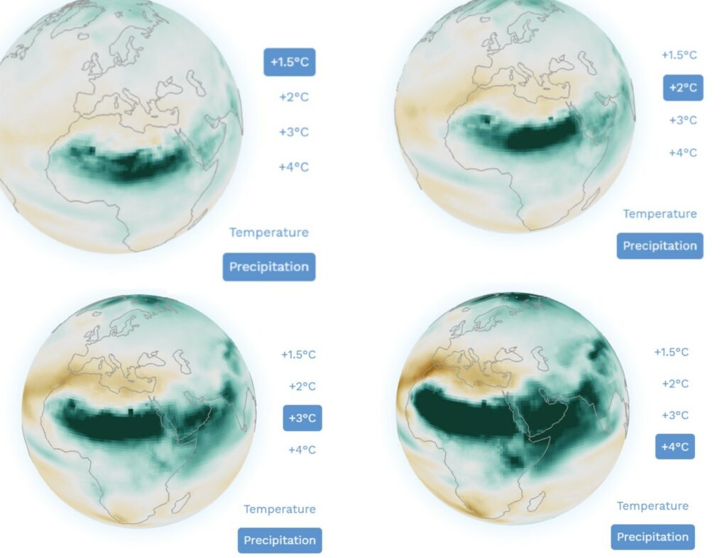 Les intempéries intenses vont augmenter au fil du réchauffement planétaire. // Source : Atlas du GIEC Les intempéries intenses vont augmenter au fil du réchauffement planétaire. // Source : Atlas du GIEC