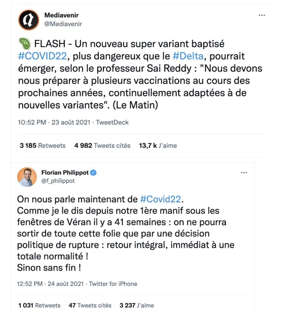 Deux tweets ont contribué à faire parler du "Covid 22" qui n'existe pourtant pas // Source : Twitter Deux tweets ont contribué à faire parler du "Covid 22" qui n'existe pourtant pas // Source : Twitter