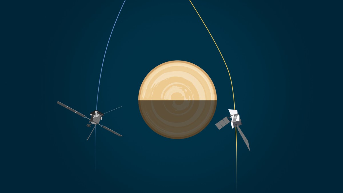Représentation du survol de Vénus par BepiColombo et Solar Orbiter. // Source : ESA Représentation du survol de Vénus par BepiColombo et Solar Orbiter. // Source : ESA