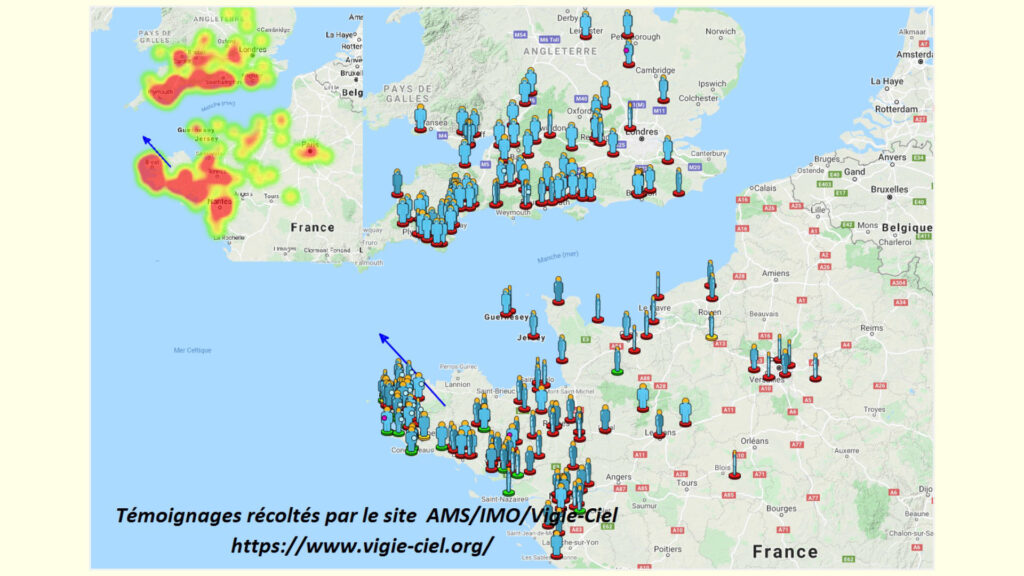 Carte des témoignages visuels du bolide du 5 septembre 2021. // Source : Fripon/Vigie-Ciel Carte des témoignages visuels du bolide du 5 septembre 2021. // Source : Fripon/Vigie-Ciel