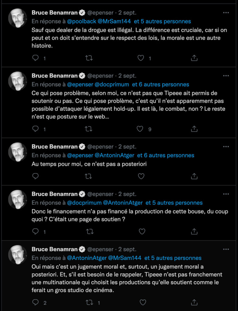 Capture d'écran de quelques tweets de Bruce Benamran sur Twitter Capture d'écran de quelques tweets de Bruce Benamran sur Twitter