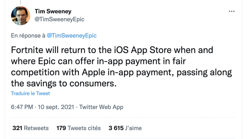 Un tweet du patron d'Epic Games le 10 septembre 2021 // Source : Twitter/TimSweeneyEpic Un tweet du patron d'Epic Games le 10 septembre 2021 // Source : Twitter/TimSweeneyEpic