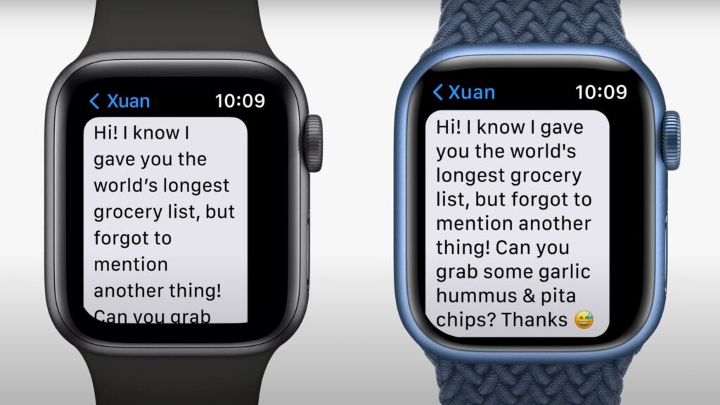 Texte sur Apple Watch Series 6 (à gauche) versus texte sur Apple Watch Series 7 (à droite) // Source : Apple Texte sur Apple Watch Series 6 (à gauche) versus texte sur Apple Watch Series 7 (à droite) // Source : Apple