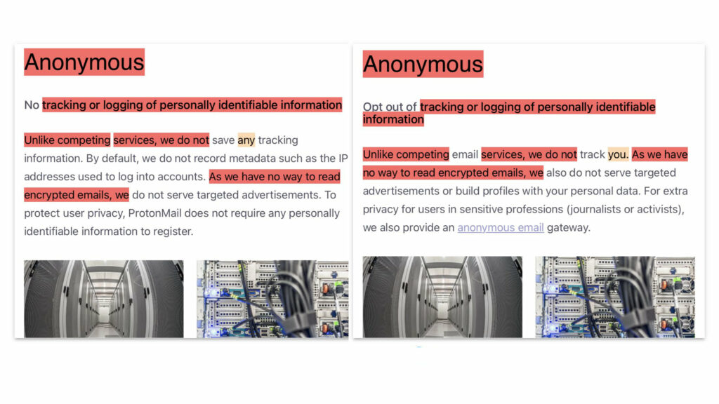 A gauche, le site Proton avant la polémique, à droite après. // Source : Proton A gauche, le site Proton avant la polémique, à droite après. // Source : Proton