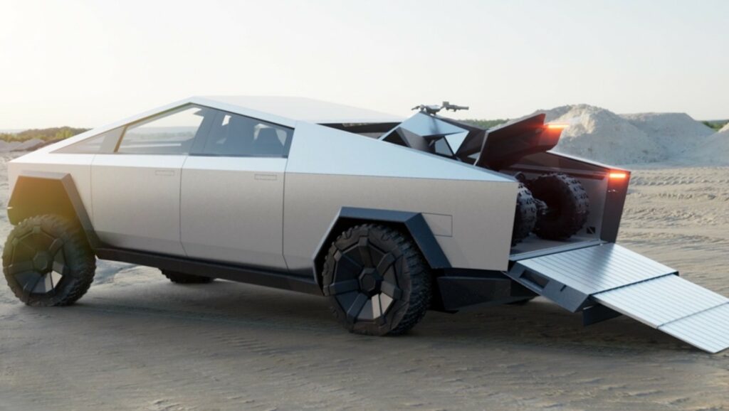 Le Cybertruck de Tesla avec le Cyberquad // Source : Tesla Le Cybertruck de Tesla avec le Cyberquad // Source : Tesla