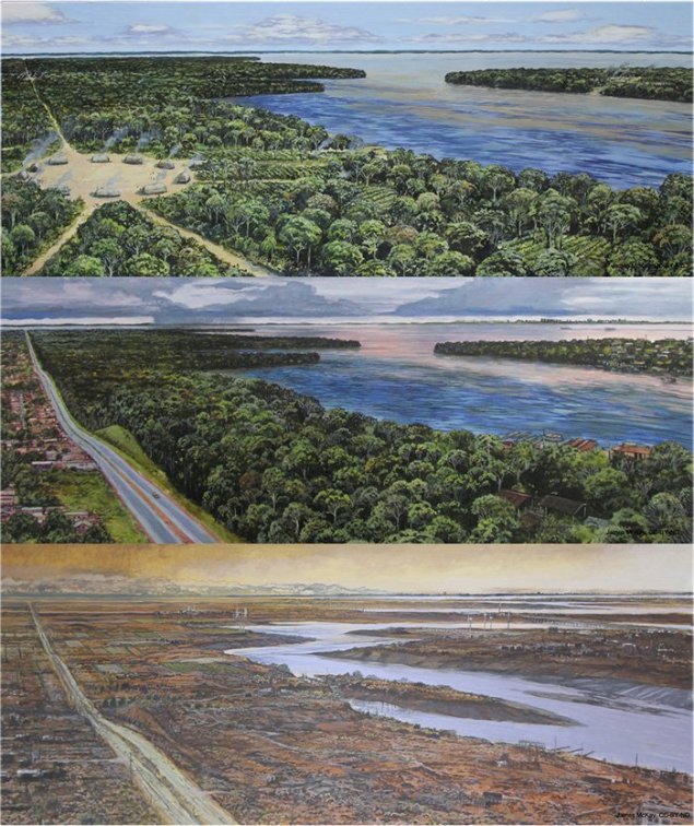 Projection pour l'Amazonie à l'horizon 2500. L'image du milieu est à notre époque et celle du haut à l'époque pré-colonisation. // Source : Lyon et al., 2021/CC BY-ND Projection pour l'Amazonie à l'horizon 2500. L'image du milieu est à notre époque et celle du haut à l'époque pré-colonisation. // Source : Lyon et al., 2021/CC BY-ND