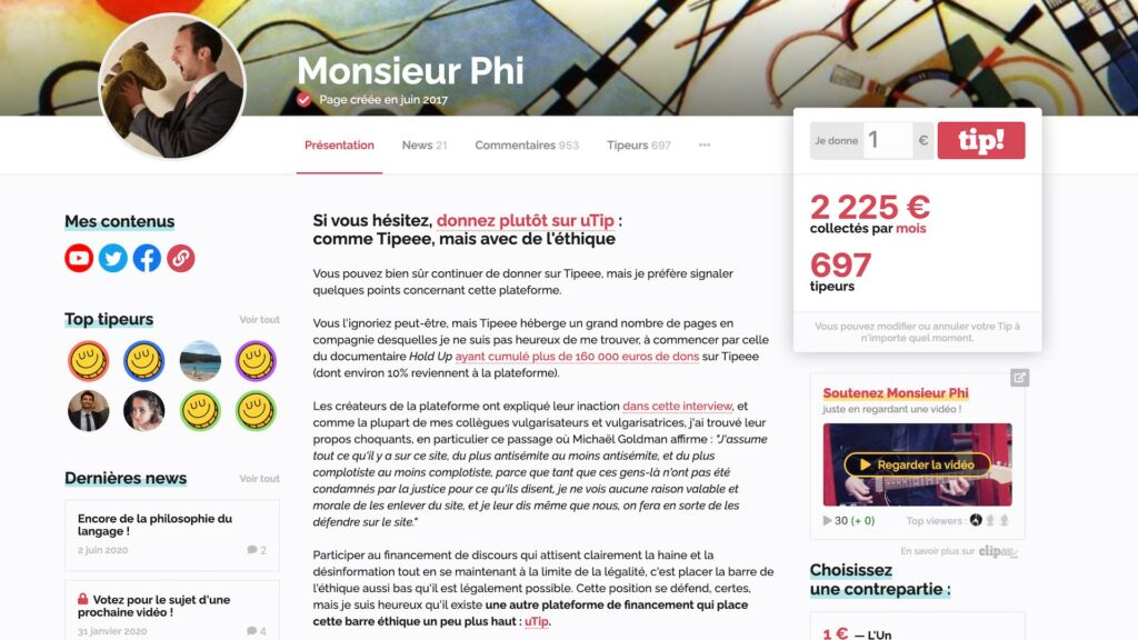 Plutôt que de quitter la plateforme, Monsieur Phi a publié un long message pour détailler son raisonnement éthique. // Source : Page tipeee de Monsieur Phi Plutôt que de quitter la plateforme, Monsieur Phi a publié un long message pour détailler son raisonnement éthique. // Source : Page tipeee de Monsieur Phi