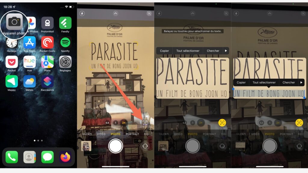 L'iPhone détecte automatiquement le texte de cette (magnifique) affiche du (magnifique) film Parasites // Source : Photo Numerama L'iPhone détecte automatiquement le texte de cette (magnifique) affiche du (magnifique) film Parasites // Source : Photo Numerama